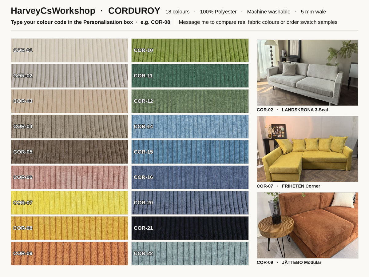 Corduroy swatch chart - 18 colours, type your COR code