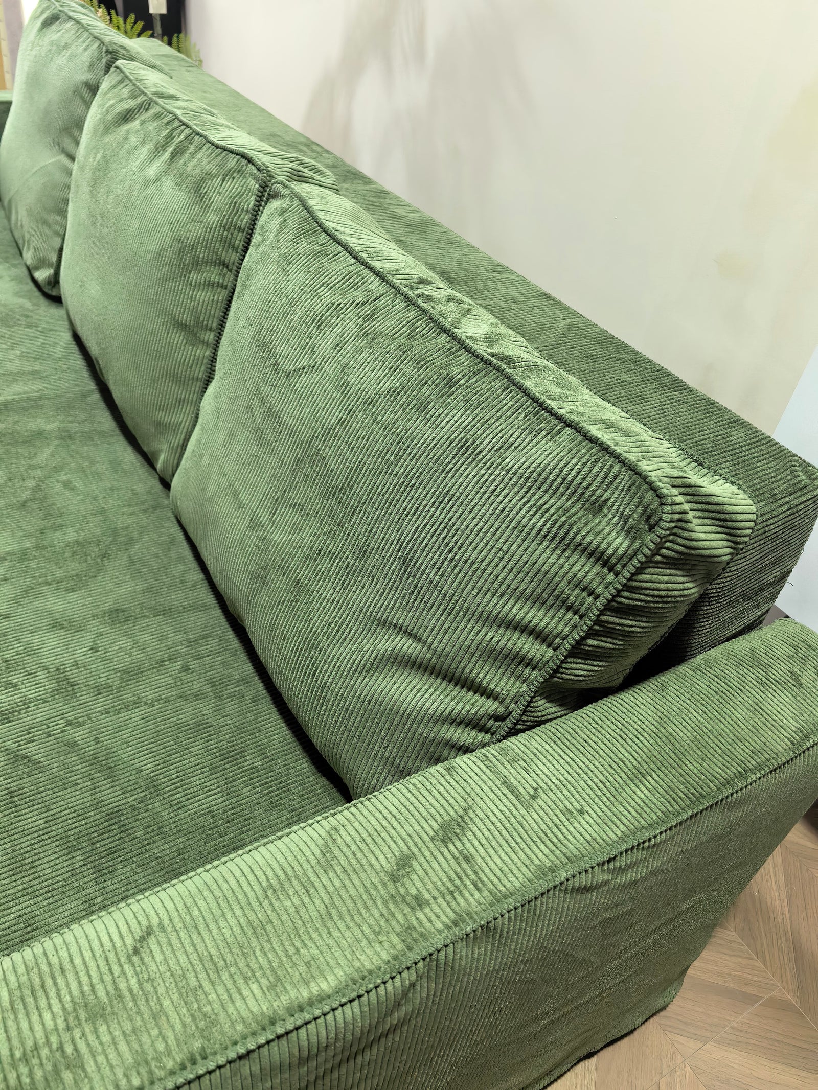 LEANKEE corduroy cover in oatmeal on IKEA Vimle sofa