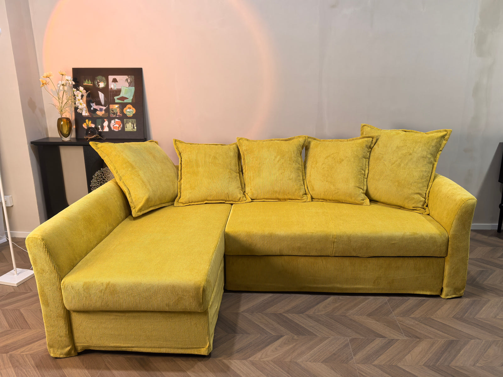 LEANKEE corduroy cover in mustard on IKEA Vimle sofa