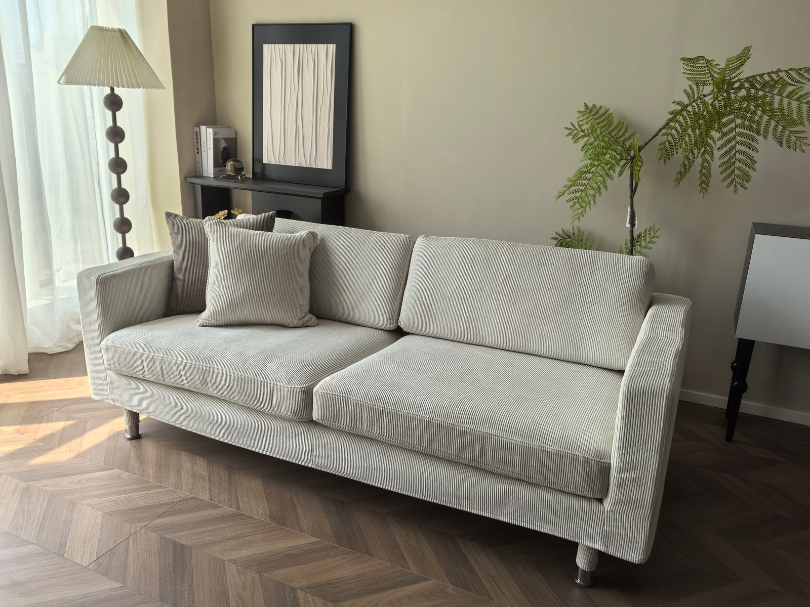 LEANKEE corduroy cover in oatmeal on IKEA Karlstad sofa