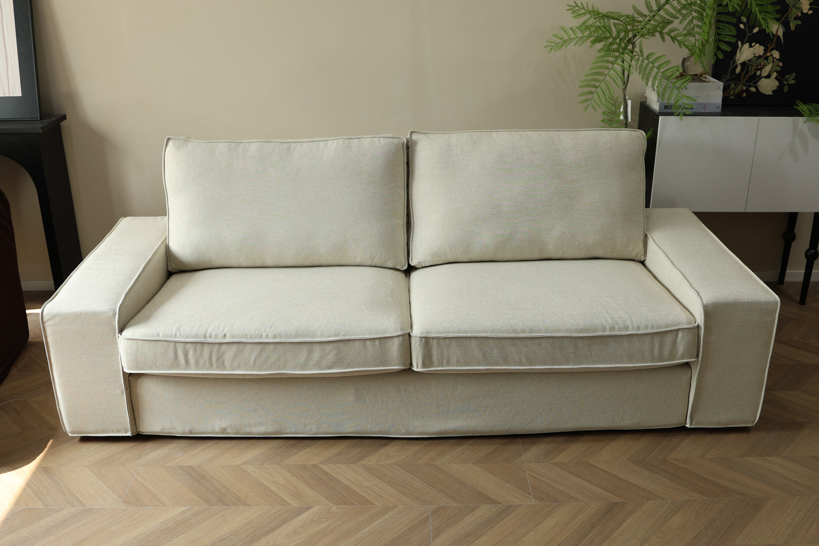 LEANKEE linen cover in oatmeal on IKEA Vimle sofa