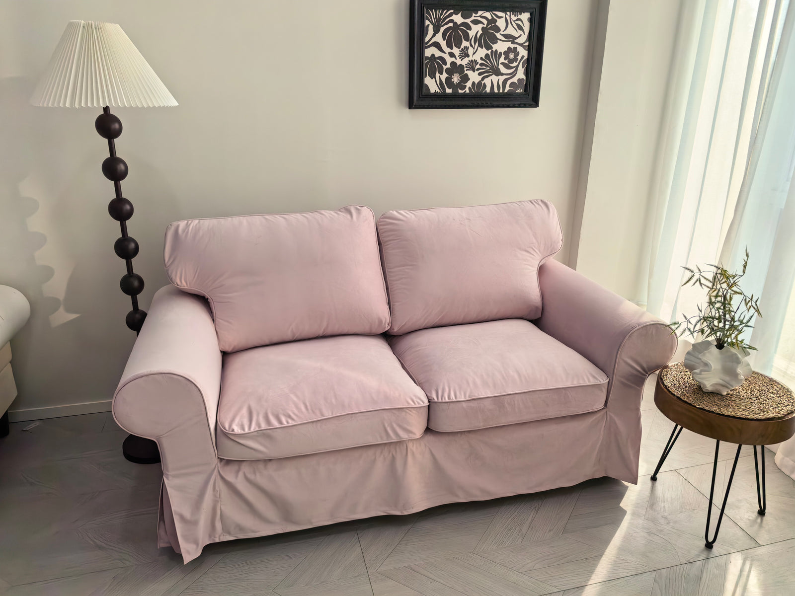 LEANKEE velvet cover in blush on IKEA Ektorp sofa
