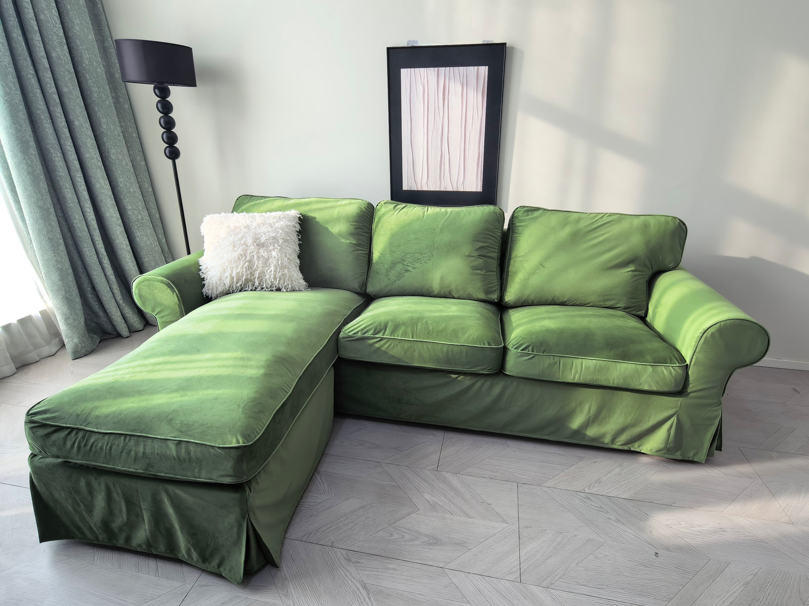 LEANKEE velvet cover in moss on IKEA Ektorp sofa